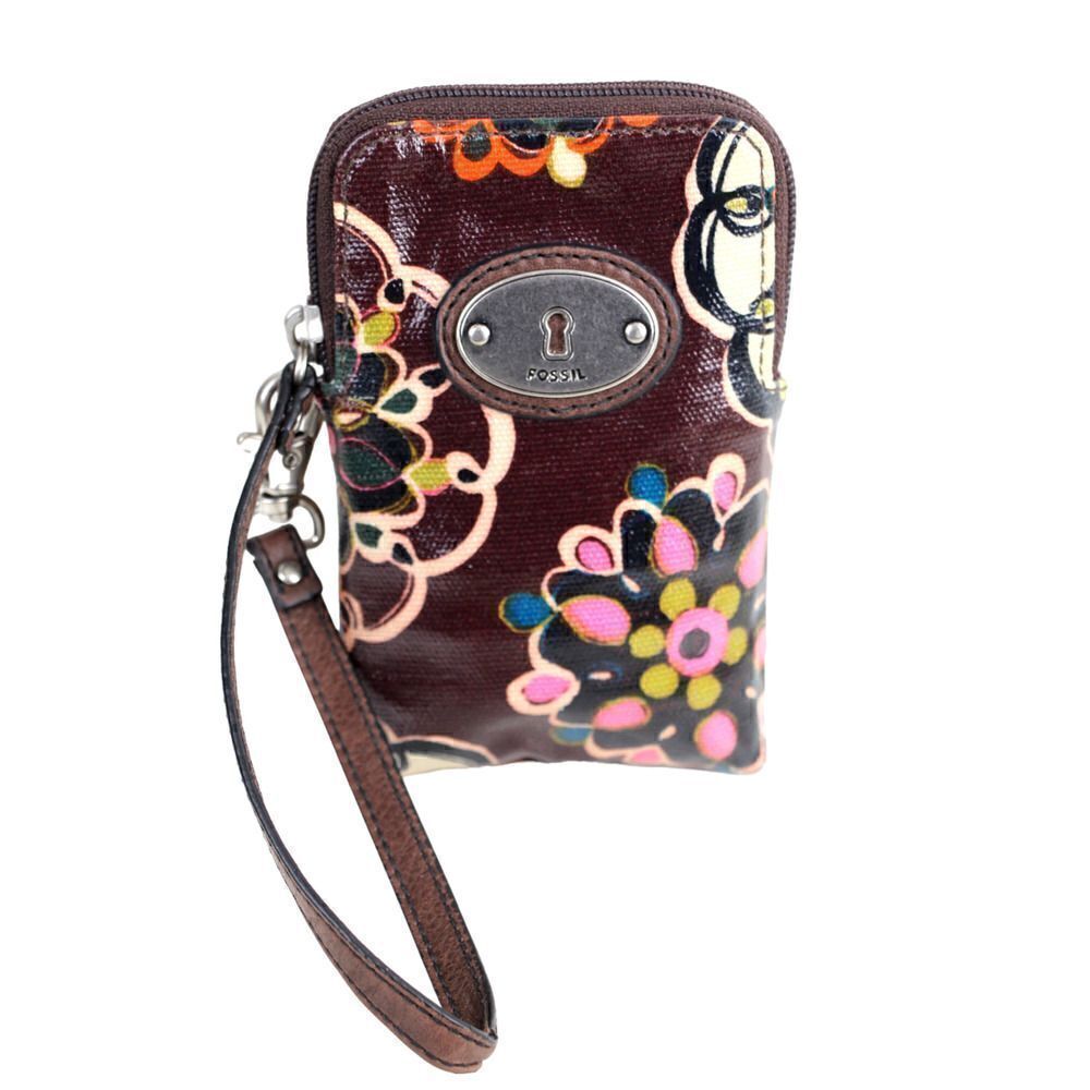 Fossil Key-Per COATED BROWN CANVAS FLORAL PRINT ID BILL CARD ZIP WALLET WRISTLET